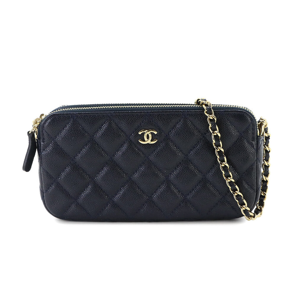 Chanel Matelasse Double Chain Wallet, Long Caviar Leather, Navy, A82527